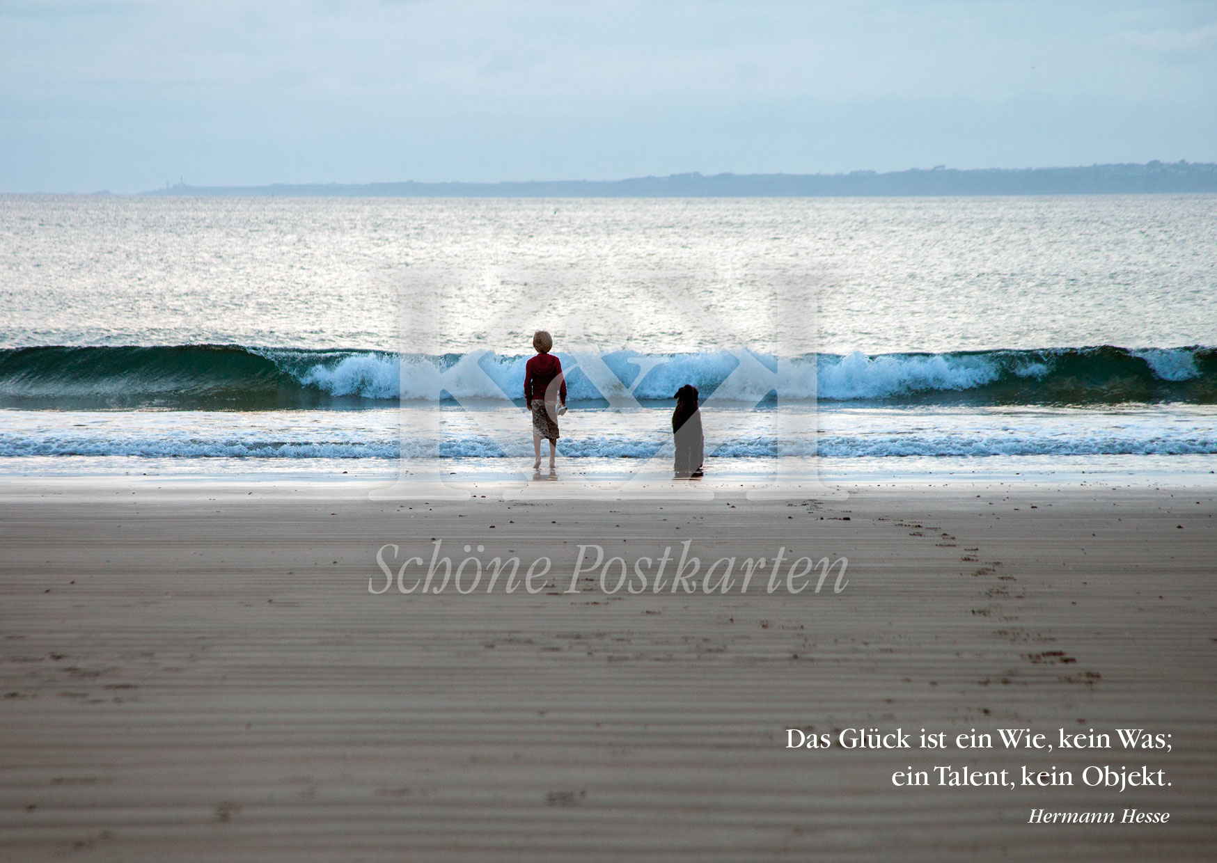Schöne Postkarte Nr. 129 · Junge, Hund, Meer, Strand, Hesse: Das Glück ist ein Talent | © Schöne Postkarten