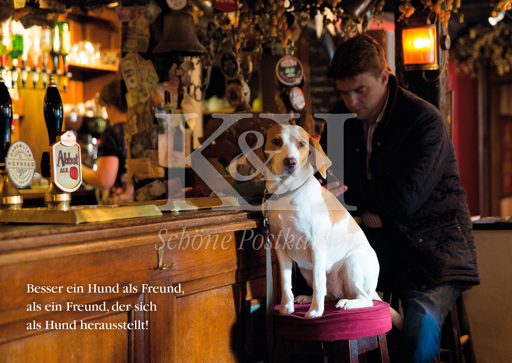 Schöne Postkarte Nr. 141 · Kneipe, Bar, Freund, Auf den Hund gekommen | © Schöne Postkarten